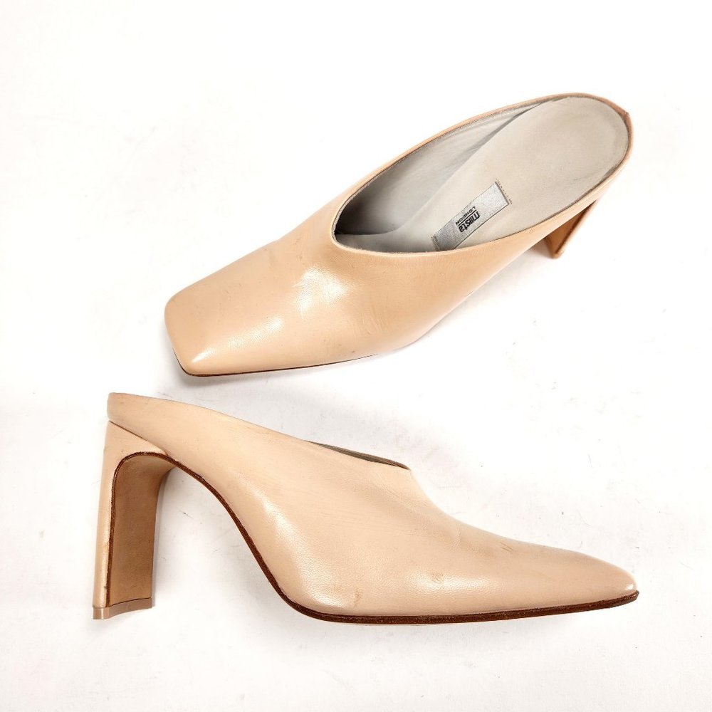 Miista Beige Leather Square Toe Mules